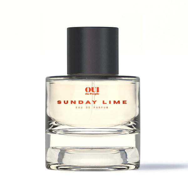 Perfume bottle labeled 'Sunday Lime' on a white background