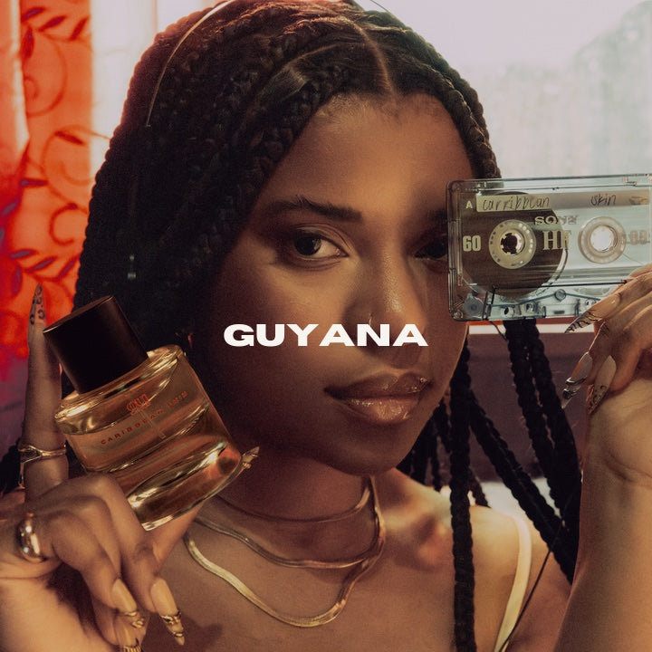Guyana chapter image with Caribbean Skin perfume and cassette tape